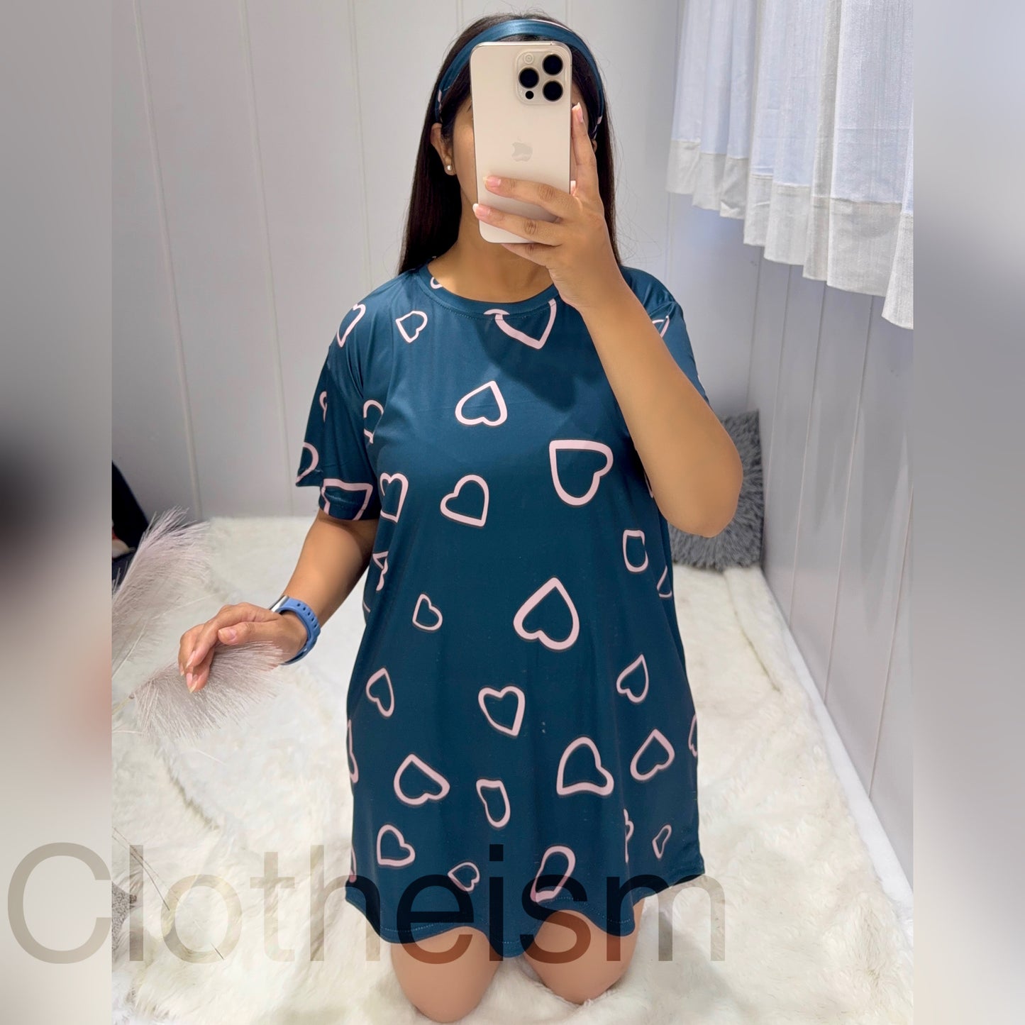 Women Nighty Long T-Shirt with Heart Print | Womens Nighties & Ladies Night Dress