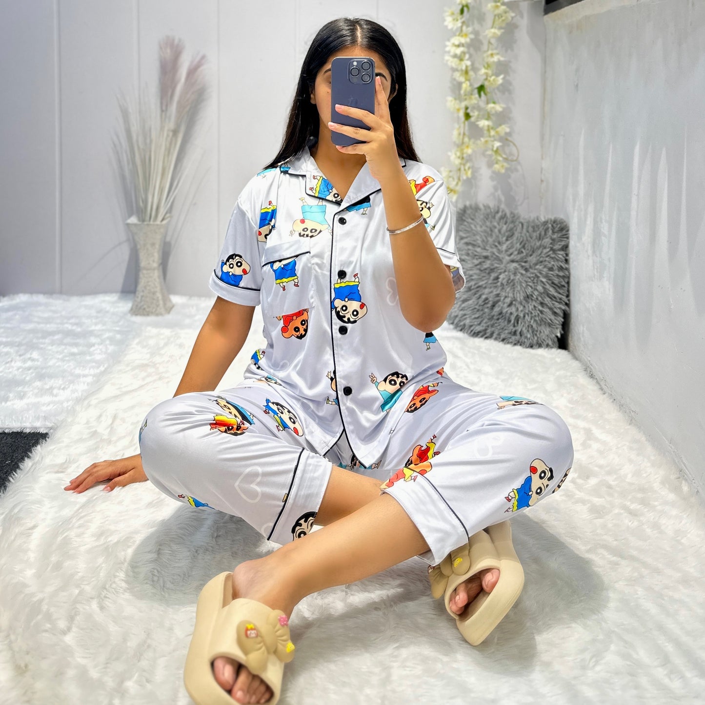 Women Night Suit Silk Blend | Cartoon Printed 3-Piece Shirt, Pajama & Shorts Set (M–XXL)