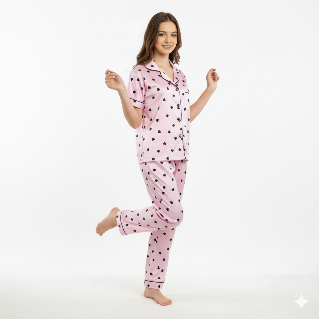 Girls Night Dress Silk Blend | Heart Printed Shirt & Pajama Night Suit for Girls (4–14 Years)