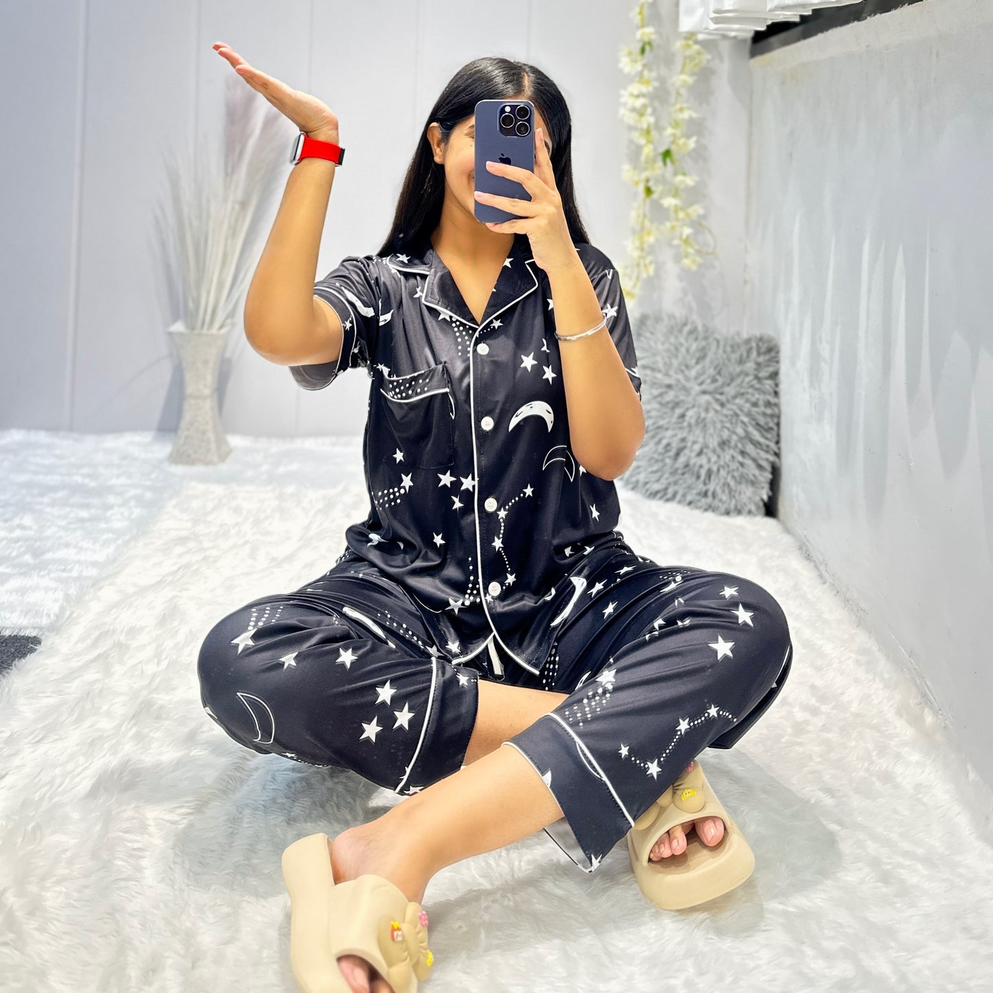Women Night Suit Silk Blend | Moon & Star Print 3-Piece Shirt, Pajama & Shorts Set (M–XXL)