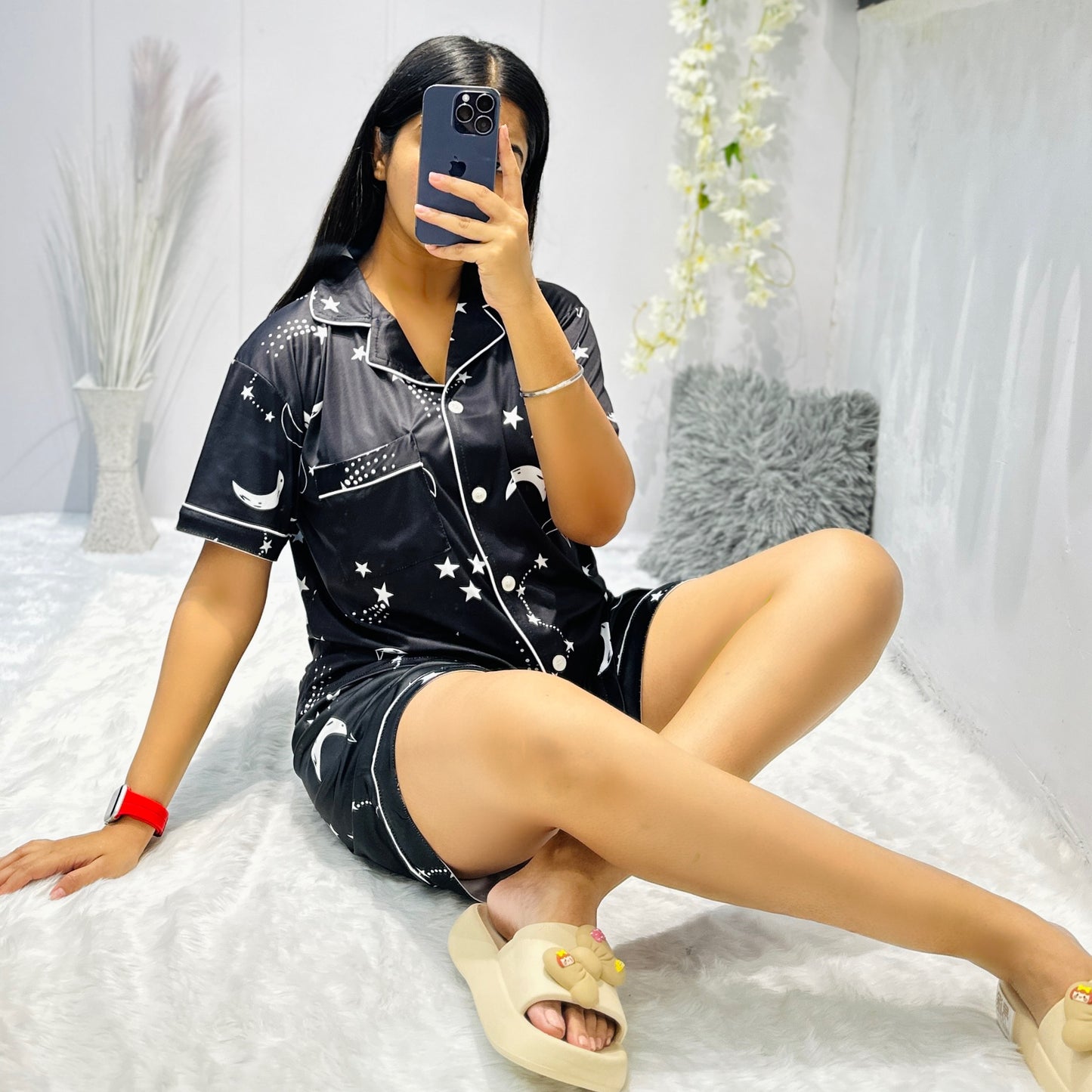 Women Night Suit Silk Blend | Moon & Star Print 3-Piece Shirt, Pajama & Shorts Set (M–XXL)