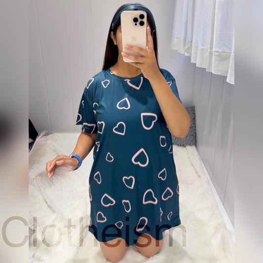 Women Nighty Long T-Shirt with Heart Print | Womens Nighties & Ladies Night Dress