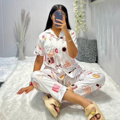 Women Night Suit Silk Blend | 3-Piece Shirt, Pajama & Shorts Nightwear Set for Women (M–XXL)