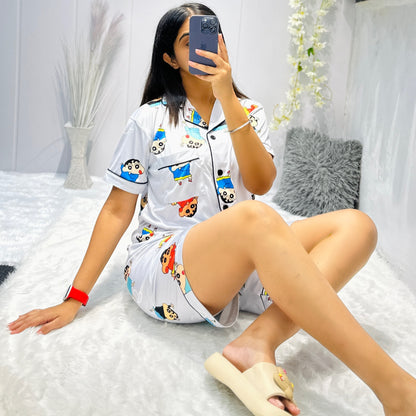 Women Night Suit Silk Blend | Cartoon Printed 3-Piece Shirt, Pajama & Shorts Set (M–XXL)