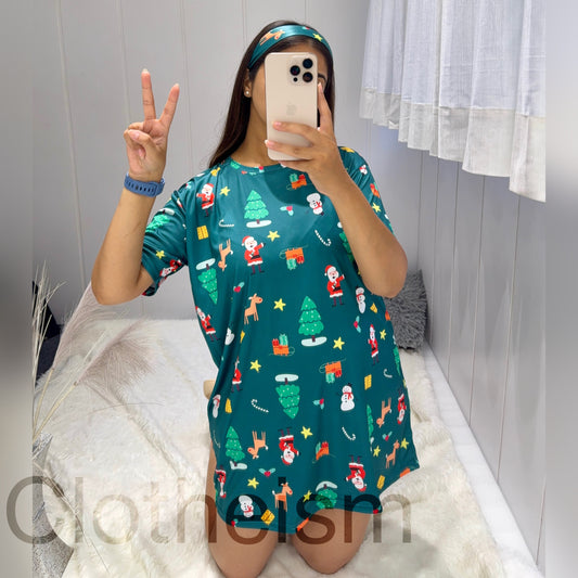 Women Green Christmas Printed Long T-Shirt Nighty | Silk Blend Women Nighty & Womens Nighties