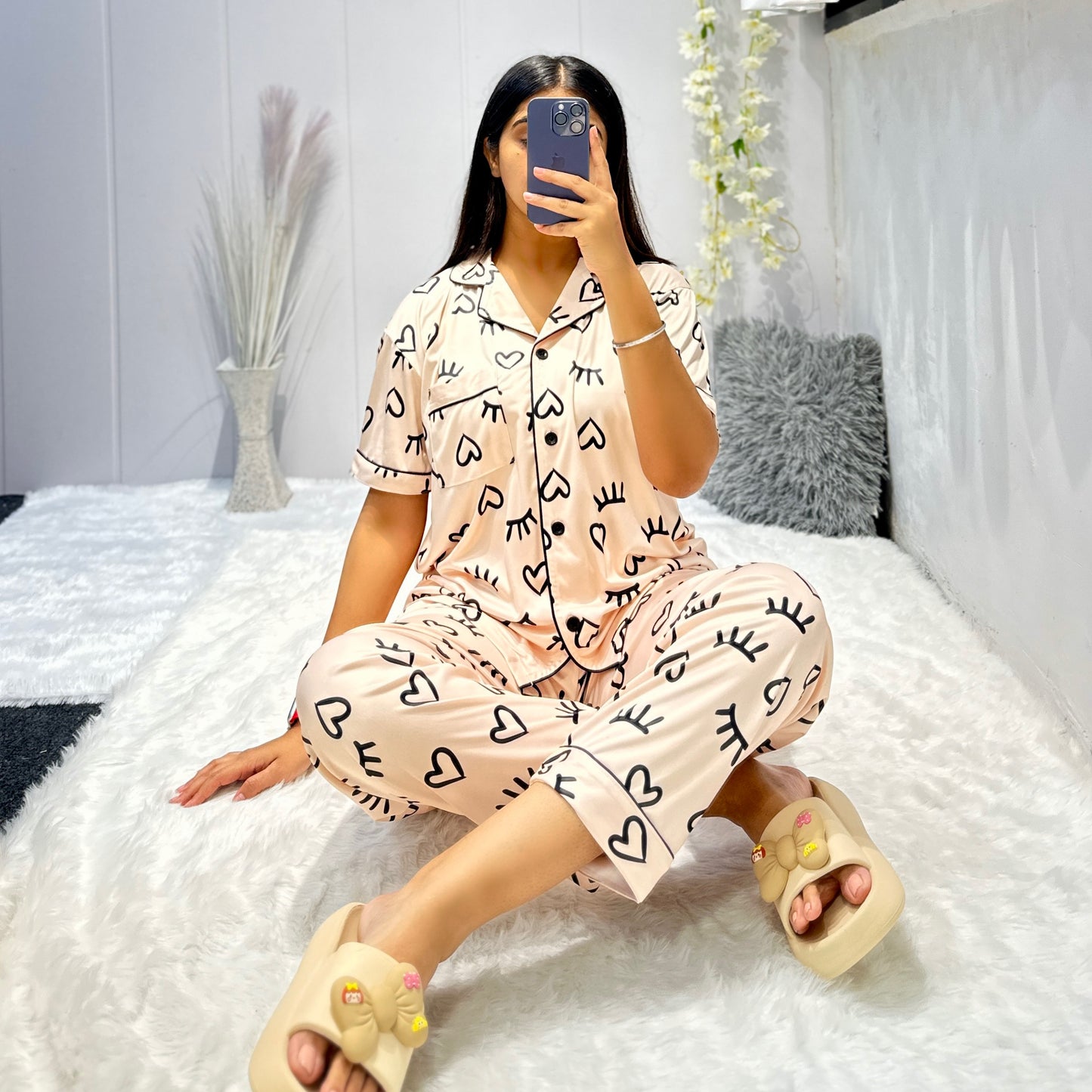 Women Night Suit Silk Blend | Abstract Heart Print 3-Piece Shirt, Pajama & Shorts Set (M–XXL)