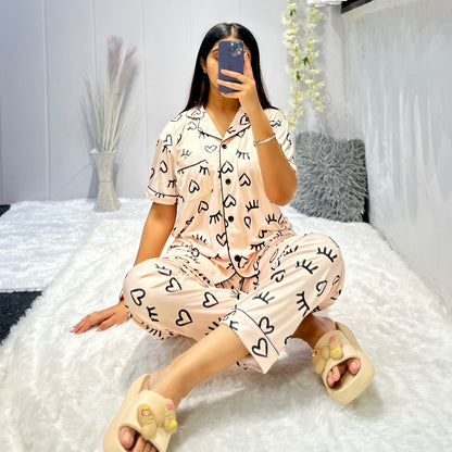 Women Night Suit Silk Blend | Abstract Heart Print 3-Piece Shirt, Pajama & Shorts Set (M–XXL)