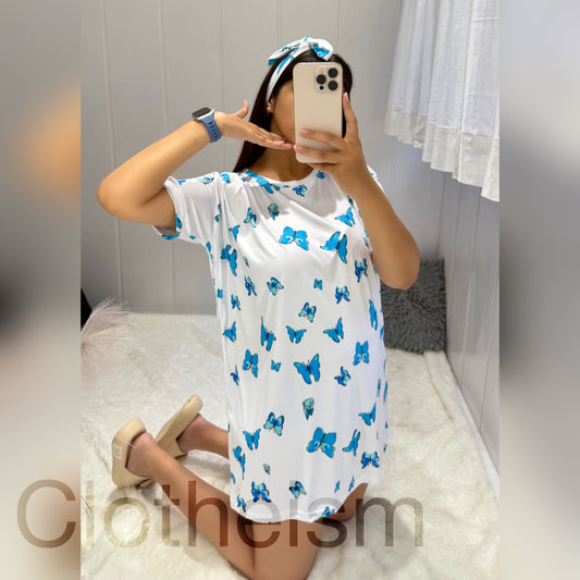 Women Nighty Long T-Shirt Style | Silk Blend Womens Nighties with Blue Butterfly Print
