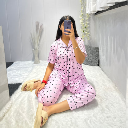 Women Night Suit Silk Blend | Heart Print 3-Piece Shirt, Pajama & Shorts Set (M–XXL)