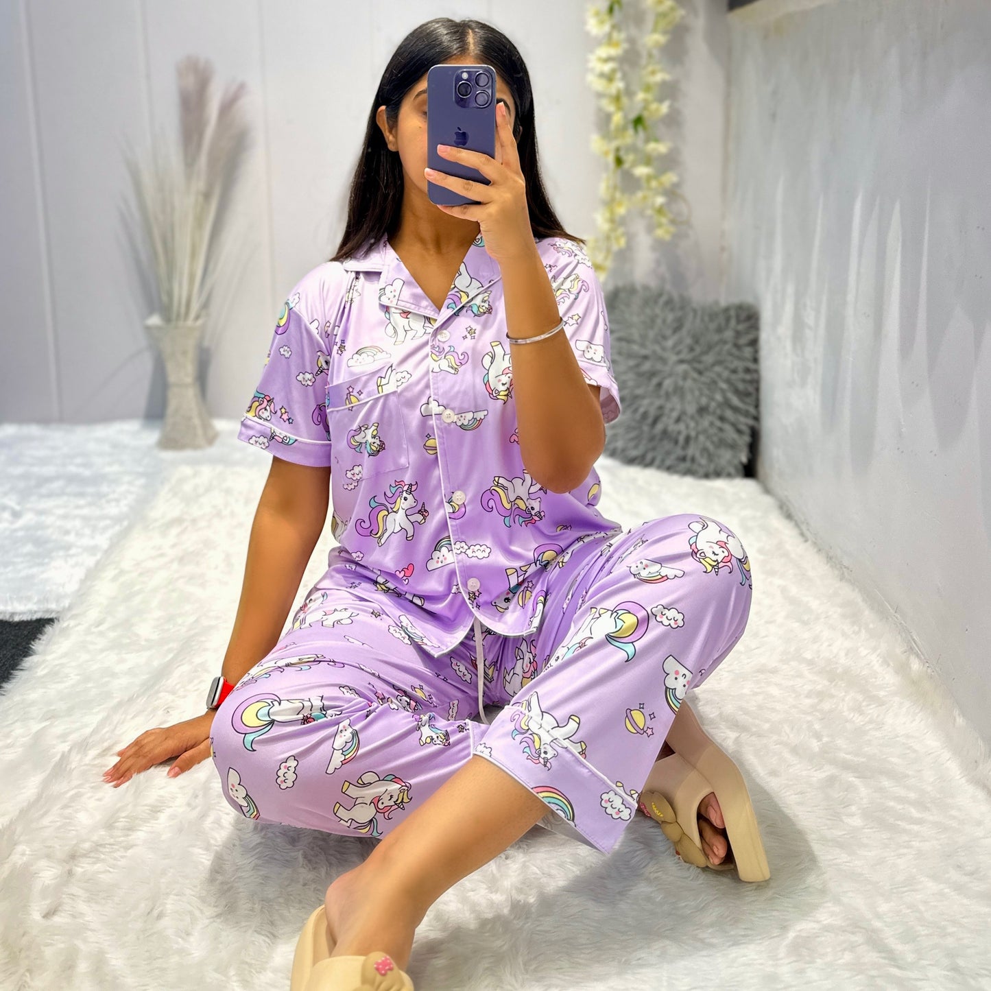 Women Night Suit Silk Blend | Unicorn Print 3-Piece Shirt, Pajama & Shorts Set (M–XXL)