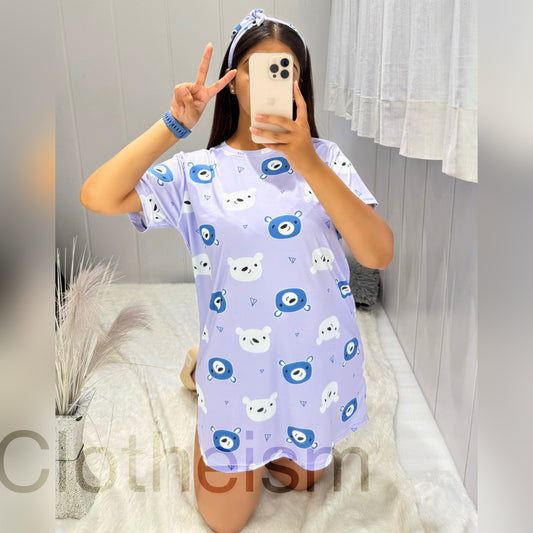 Women Nighty Long Tshirt – Silk Blend Bear Printed Women Tshirt Nighty for Women | Ladies Nighties Comfortable Sleepwear