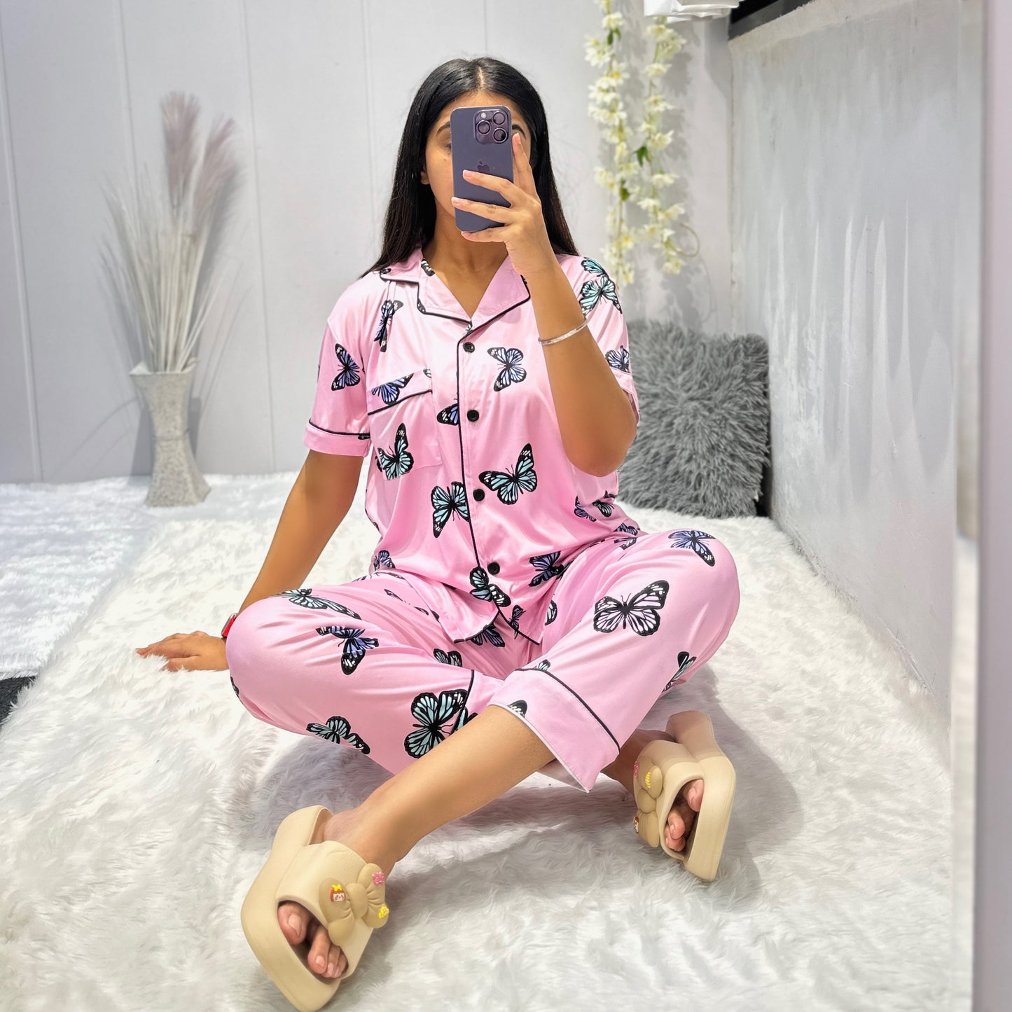 Women Night Suit Silk Blend | Butterfly Printed 3-Piece Shirt, Pajama & Shorts Set (M–XXL)