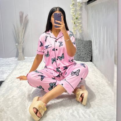Women Night Suit Silk Blend | Butterfly Printed 3-Piece Shirt, Pajama & Shorts Set (M–XXL)