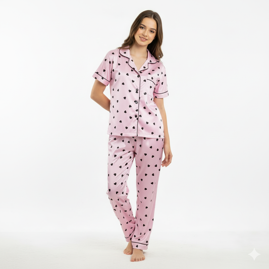 Girls Night Dress Silk Blend | Heart Printed Shirt & Pajama Night Suit for Girls (4–14 Years)