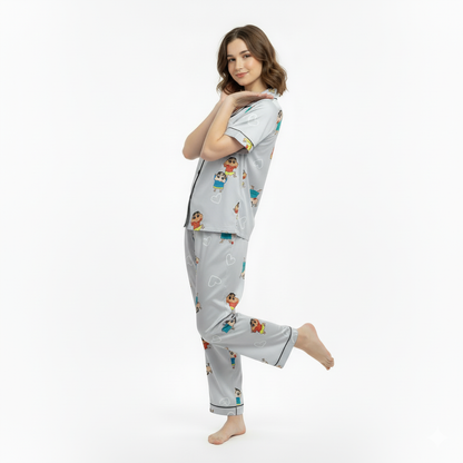 Girls Night Dress Silk Blend | Cartoon Printed Shirt & Pajama Night Suit for Girls (4–14 Years)
