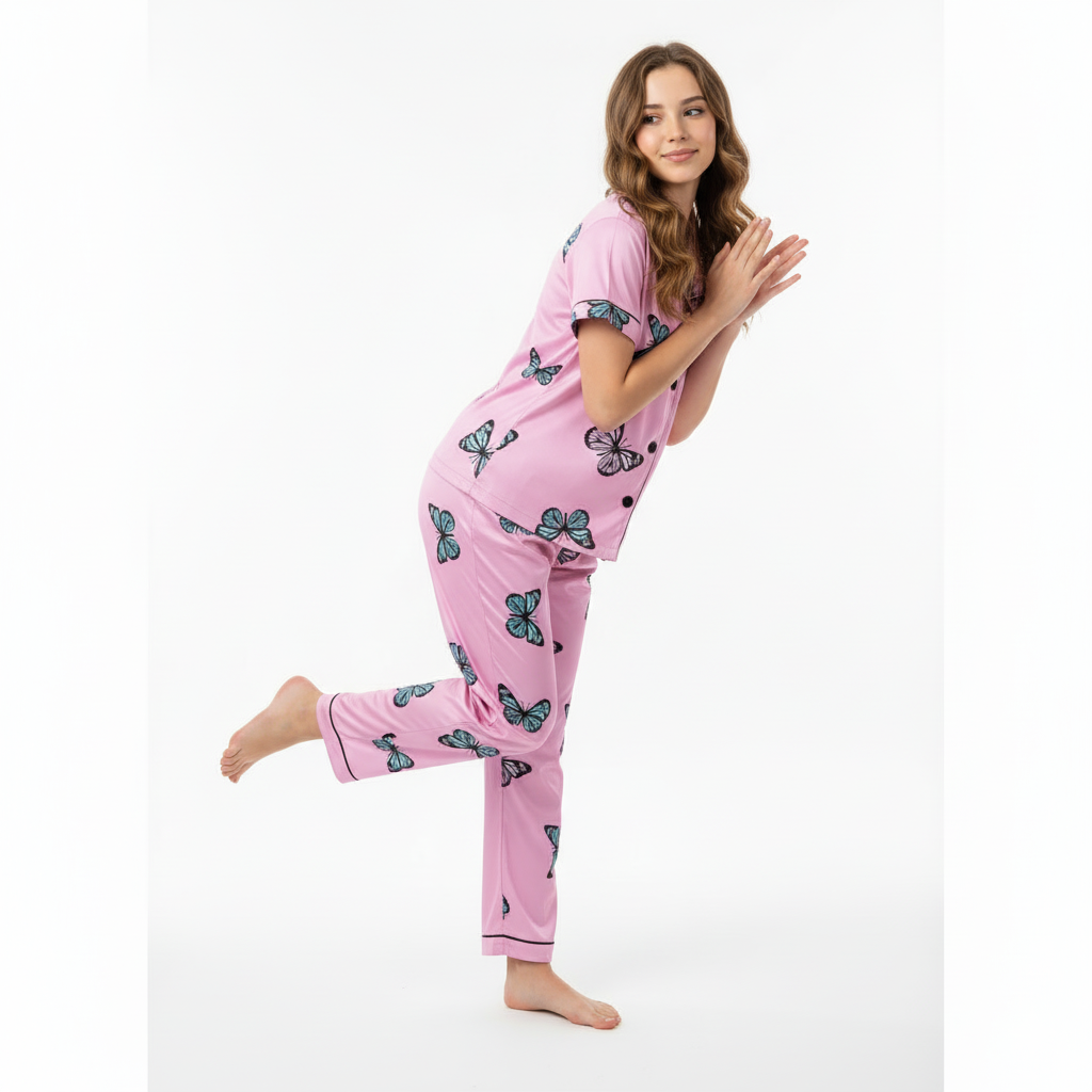 Girls Night Dress Silk Blend | Butterfly Printed Shirt & Pajama Night Suit for Girls (4–14 Years)