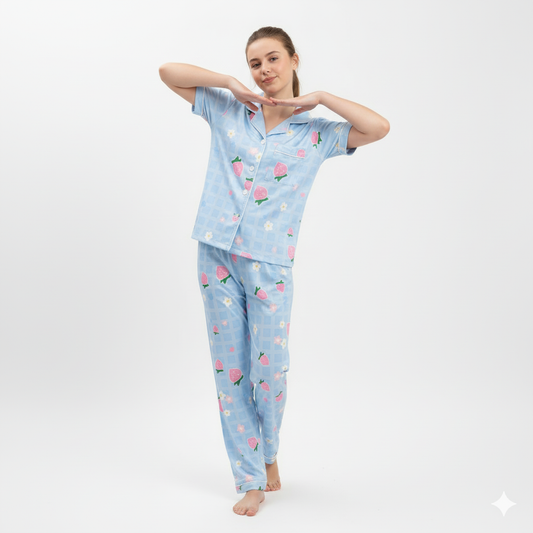 Girls Night Dress Silk Blend | Strawberry Printed Shirt & Pajama Night Suit for Girls (4–14 Years)