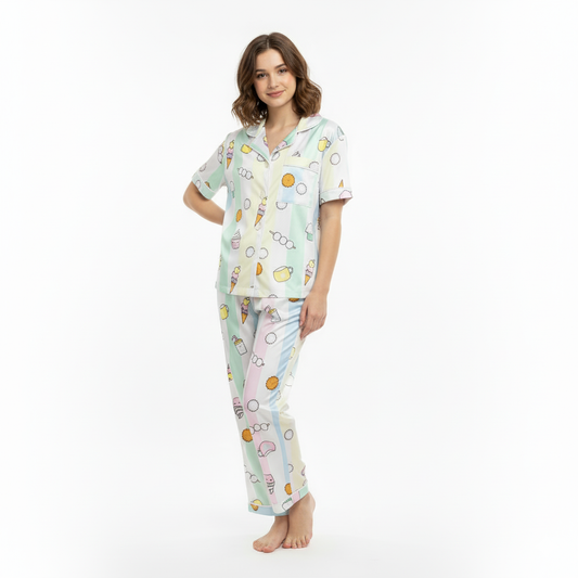 Girls Night Dress Silk Blend | Pastel Printed Shirt & Pajama Night Suit for Girls (4–14 Years)