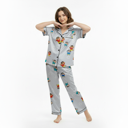Girls Night Dress Silk Blend | Cartoon Printed Shirt & Pajama Night Suit for Girls (4–14 Years)