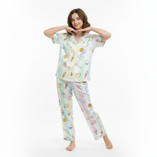 Girls Night Dress Silk Blend | Pastel Printed Shirt & Pajama Night Suit for Girls (4–14 Years)
