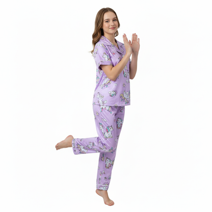 Girls Night Dress Silk Blend | Unicorn Printed Shirt & Pajama Night Suit for Girls (4–14 Years)