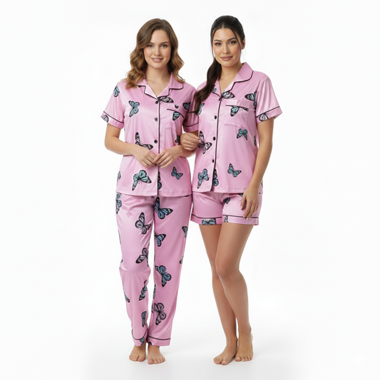 Women Night Suit Silk Blend | Butterfly Printed 3-Piece Shirt, Pajama & Shorts Set (M–XXL)