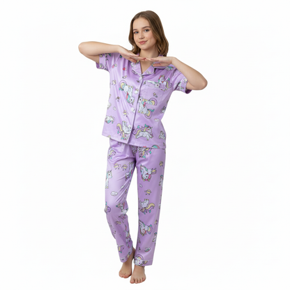 Girls Night Dress Silk Blend | Unicorn Printed Shirt & Pajama Night Suit for Girls (4–14 Years)
