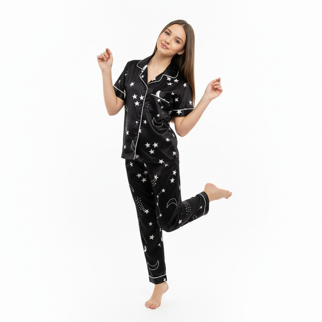 Girls Night Dress Silk Blend | Star & Moon Printed Shirt Pajama Night Suit for Girls (4–14 Years)