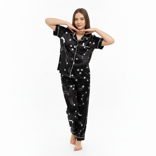 Girls Night Dress Silk Blend | Star & Moon Printed Shirt Pajama Night Suit for Girls (4–14 Years)