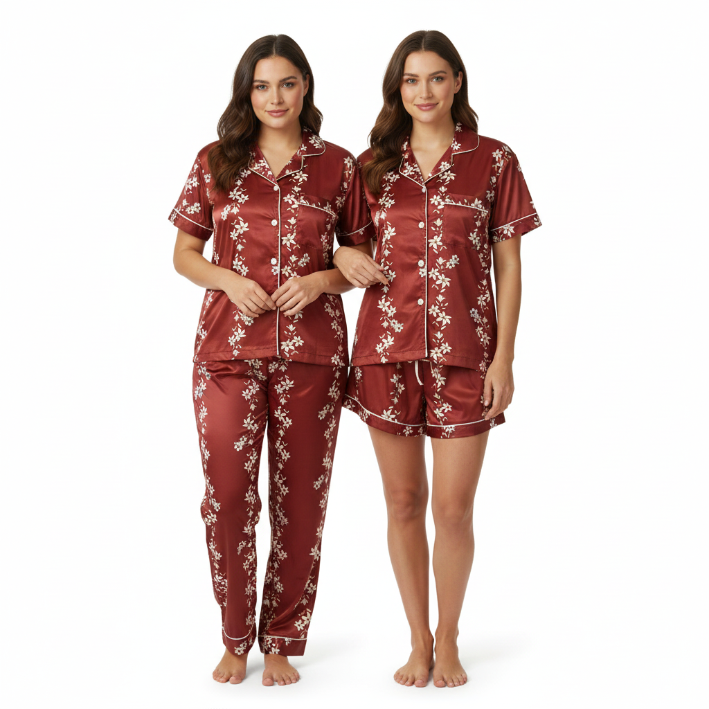 Women Night Suit Silk Blend | Floral Print 3-Piece Shirt, Pajama & Shorts Set (M–XXL)