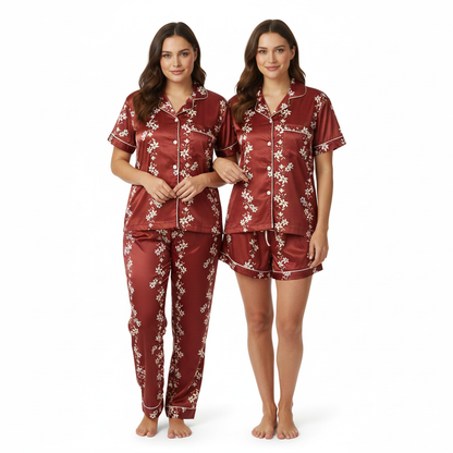 Women Night Suit Silk Blend | Floral Print 3-Piece Shirt, Pajama & Shorts Set (M–XXL)