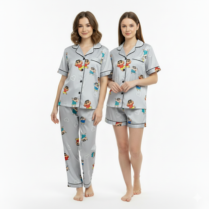 Women Night Suit Silk Blend | Cartoon Printed 3-Piece Shirt, Pajama & Shorts Set (M–XXL)