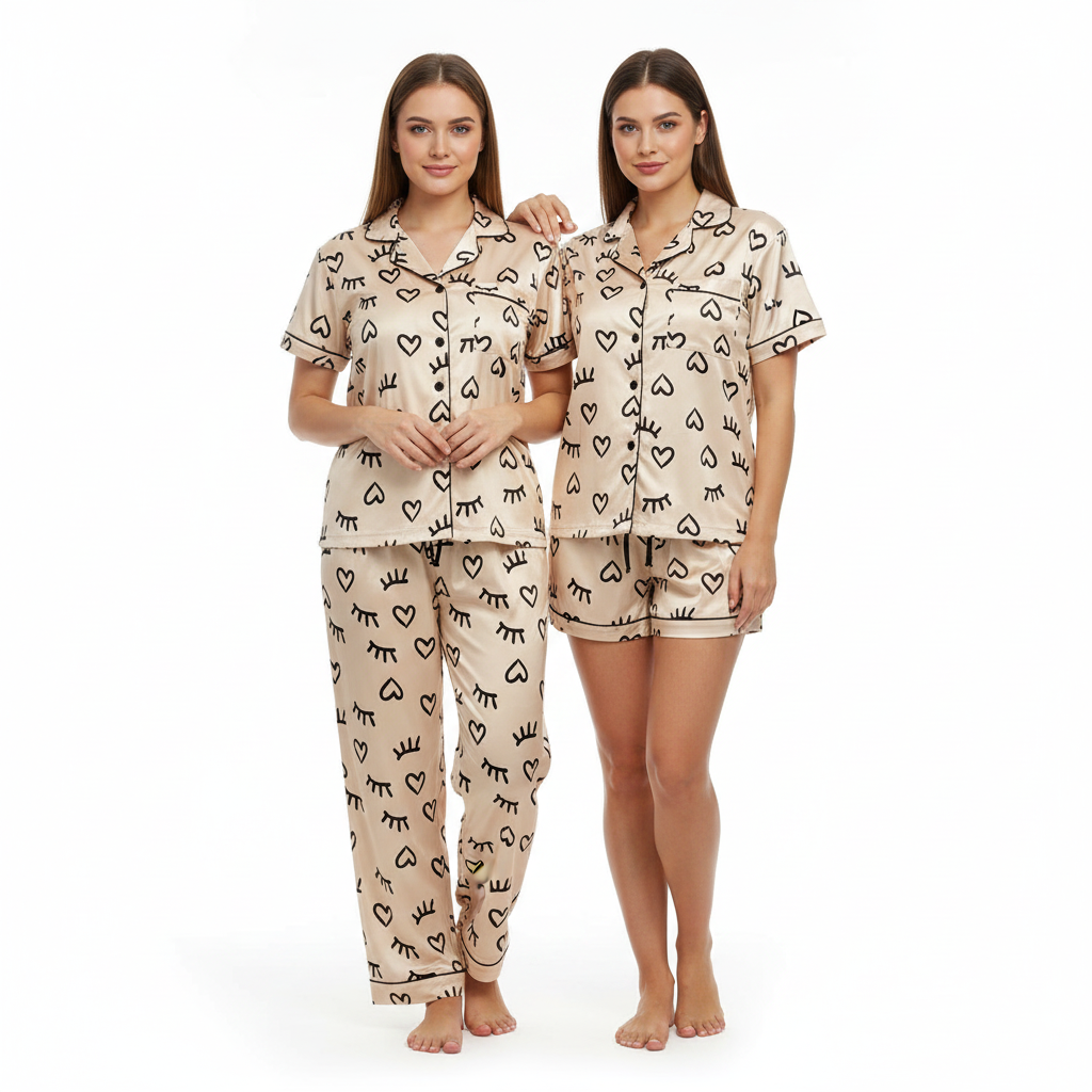 Women Night Suit Silk Blend | Abstract Heart Print 3-Piece Shirt, Pajama & Shorts Set (M–XXL)