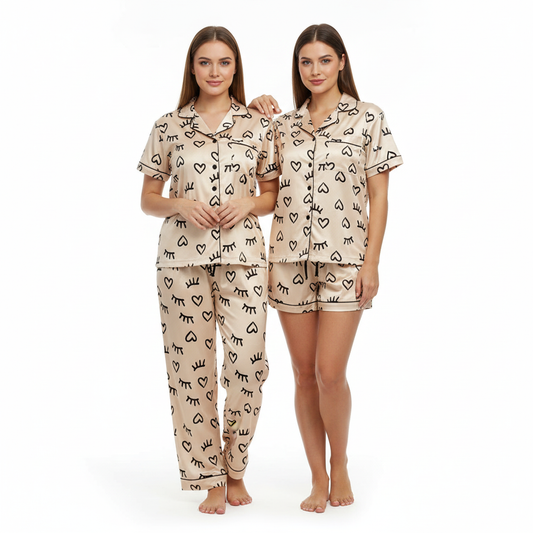 Women Night Suit Silk Blend | Abstract Heart Print 3-Piece Shirt, Pajama & Shorts Set (M–XXL)