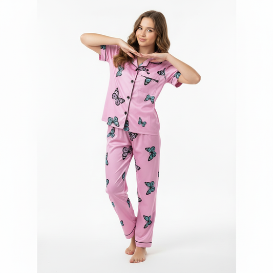 Girls Night Dress Silk Blend | Butterfly Printed Shirt & Pajama Night Suit for Girls (4–14 Years)