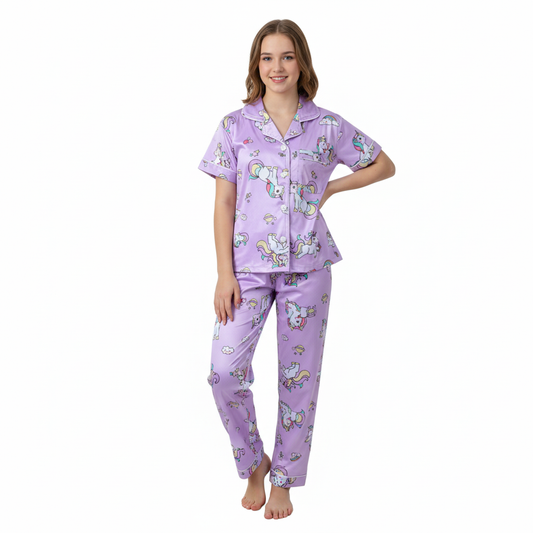 Girls Night Dress Silk Blend | Unicorn Printed Shirt & Pajama Night Suit for Girls (4–14 Years)
