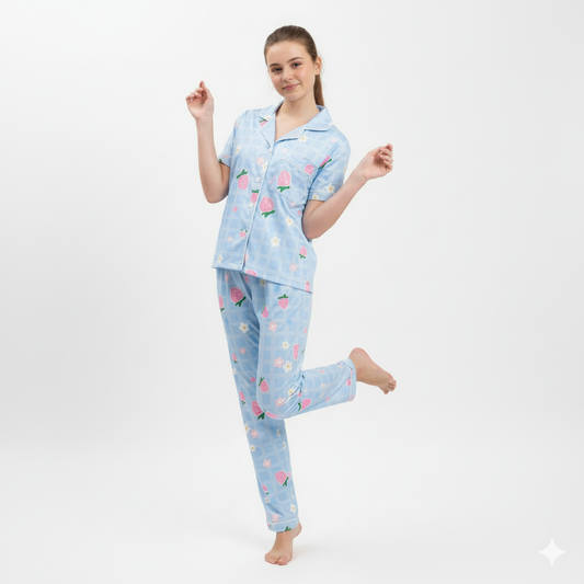 Girls Night Dress Silk Blend | Strawberry Printed Shirt & Pajama Night Suit for Girls (4–14 Years)