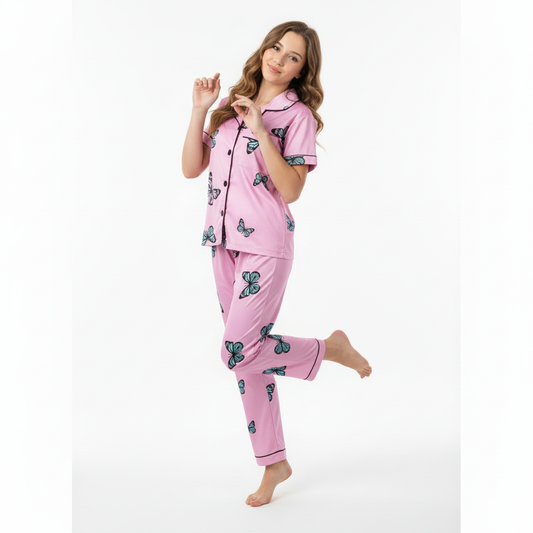 Girls Night Dress Silk Blend | Butterfly Printed Shirt & Pajama Night Suit for Girls (4–14 Years)