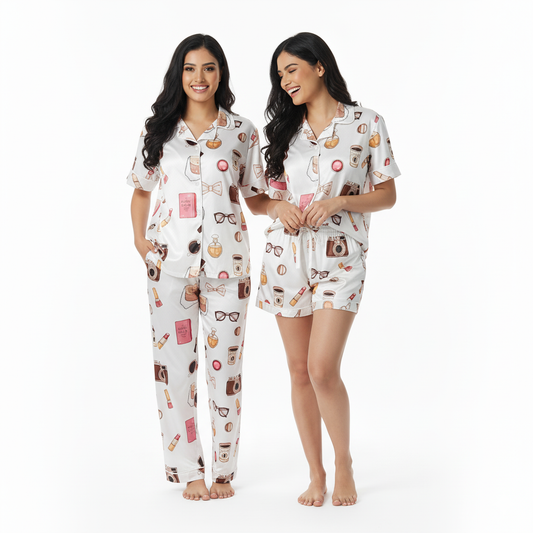 Women Night Suit Silk Blend | 3-Piece Shirt, Pajama & Shorts Nightwear Set for Women (M–XXL)