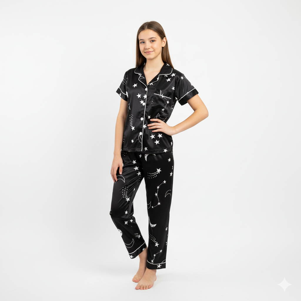 Girls Night Dress Silk Blend | Star & Moon Printed Shirt Pajama Night Suit for Girls (4–14 Years)