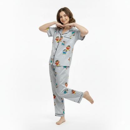 Girls Night Dress Silk Blend | Cartoon Printed Shirt & Pajama Night Suit for Girls (4–14 Years)