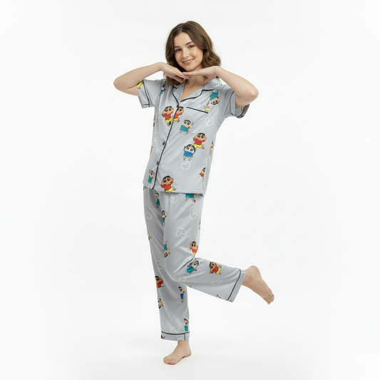 Girls Night Dress Silk Blend | Cartoon Printed Shirt & Pajama Night Suit for Girls (4–14 Years)