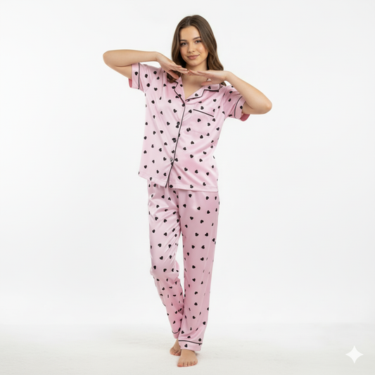 Girls Night Dress Silk Blend | Heart Printed Shirt & Pajama Night Suit for Girls (4–14 Years)