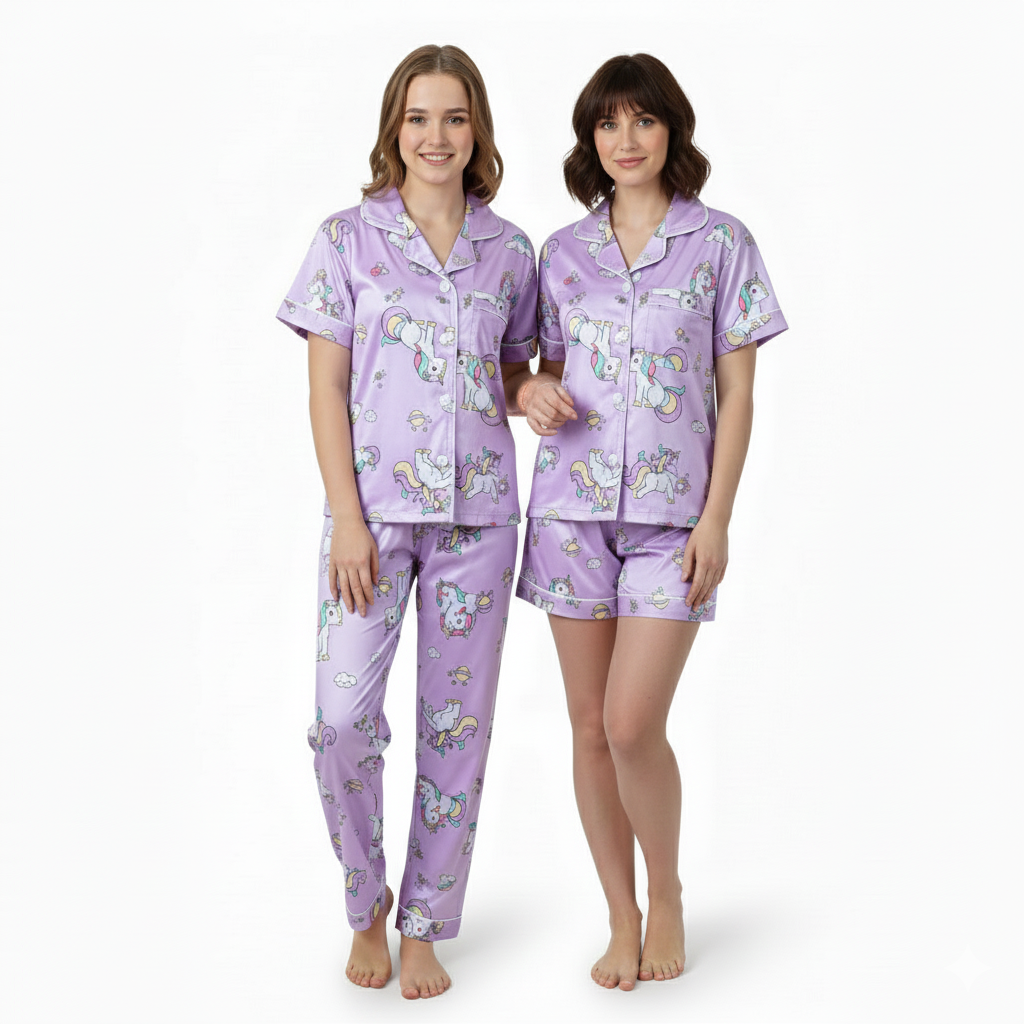 Women Night Suit Silk Blend | Unicorn Print 3-Piece Shirt, Pajama & Shorts Set (M–XXL)