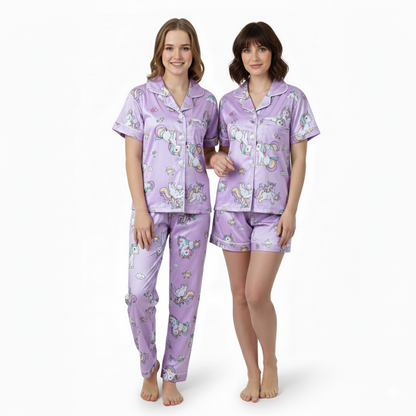 Women Night Suit Silk Blend | Unicorn Print 3-Piece Shirt, Pajama & Shorts Set (M–XXL)