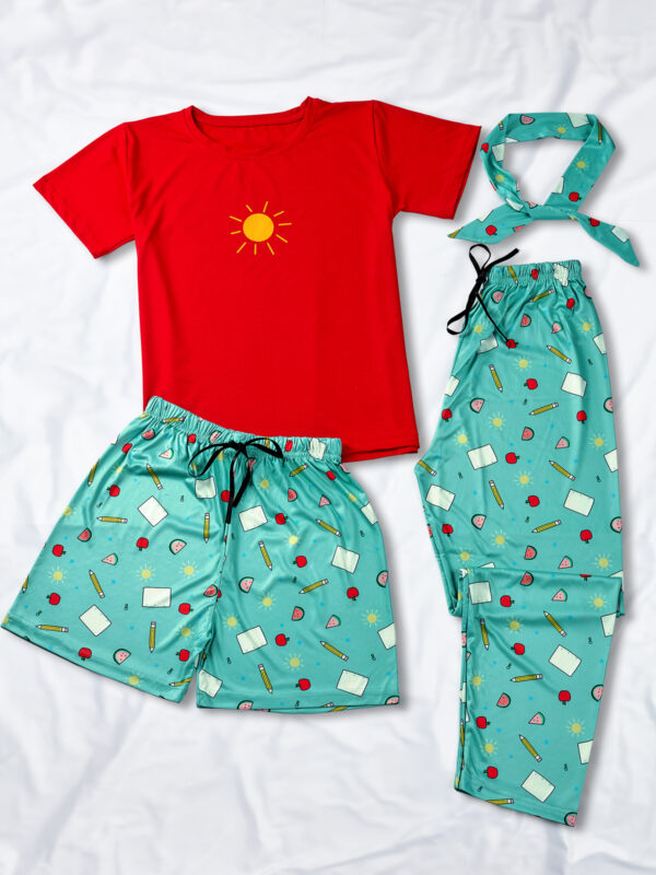 Quirky Printed piping night suit combo of T-Shirt, Pajamas, Shorts & Scarf