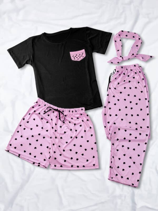 Litle Heart Printed piping night suit combo of T-Shirt, pajama, Shorts& Scarf