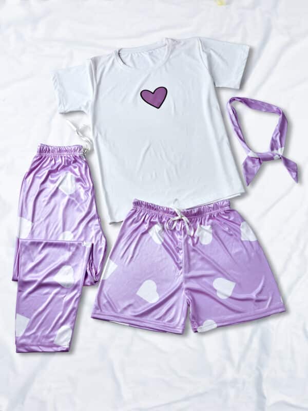 Heart Printed piping night suit combo of T-Shirt, pajama & shorts