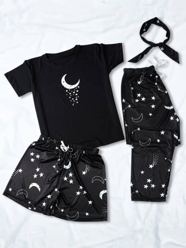 Moon Printed piping night suit combo of T-Shirt, Shorts, Pajamas & Scarf