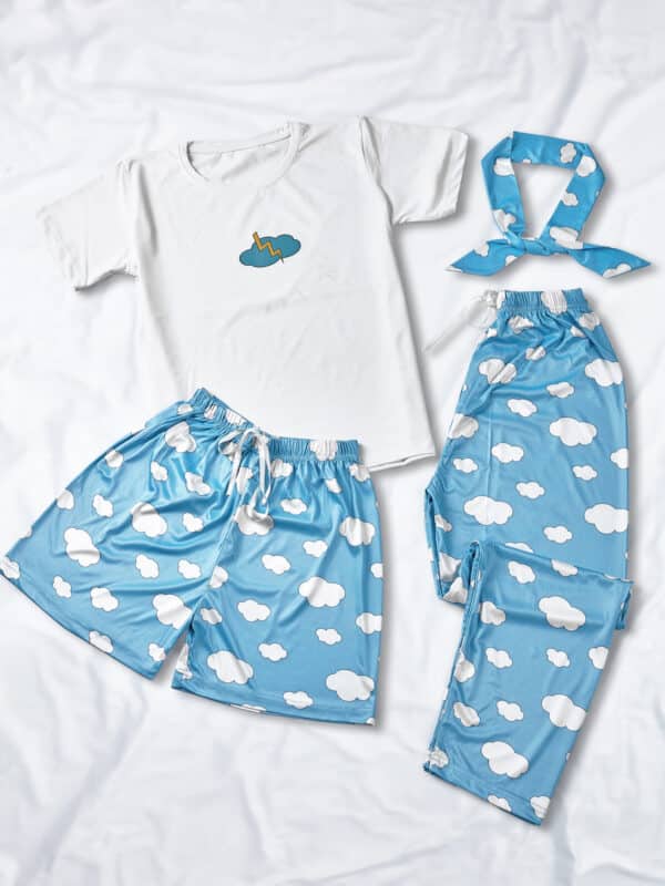 Cloud Printed piping night suit combo of T-Shirt, pajama & shorts
